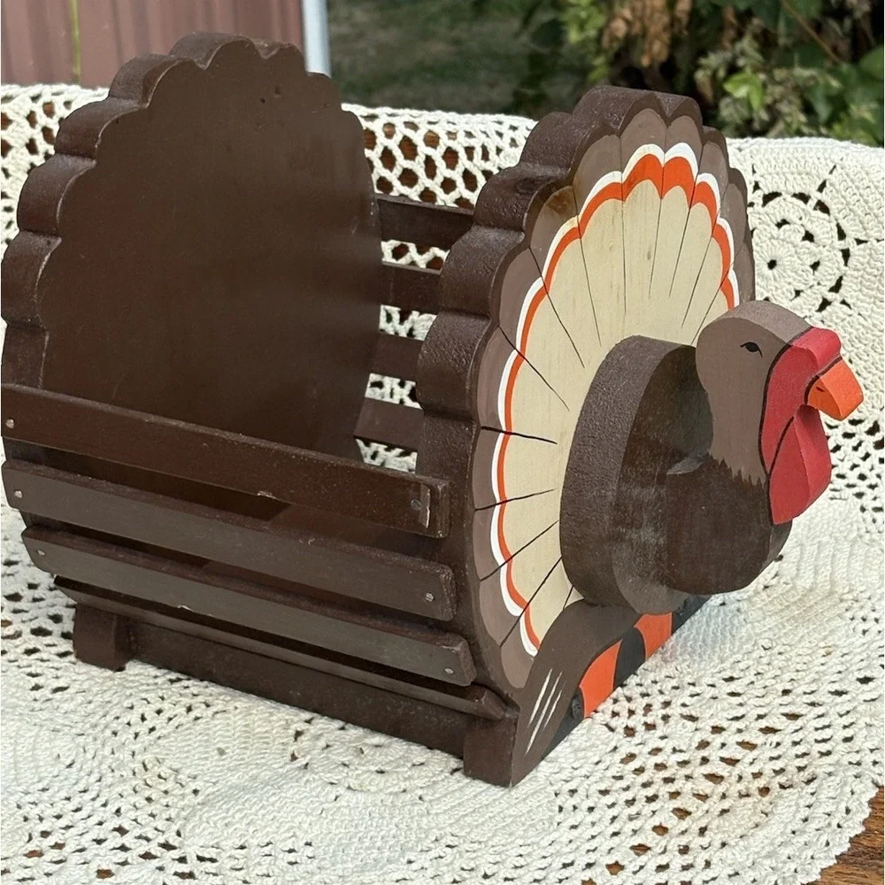 Vintage Wooden Hand Painted Turkey Basket Wood Slats Thanksgiving Kitchen Decor